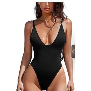 Women's Black One Piece Swimsuit Plunging Neckline Adjustable Straps High Cut, L